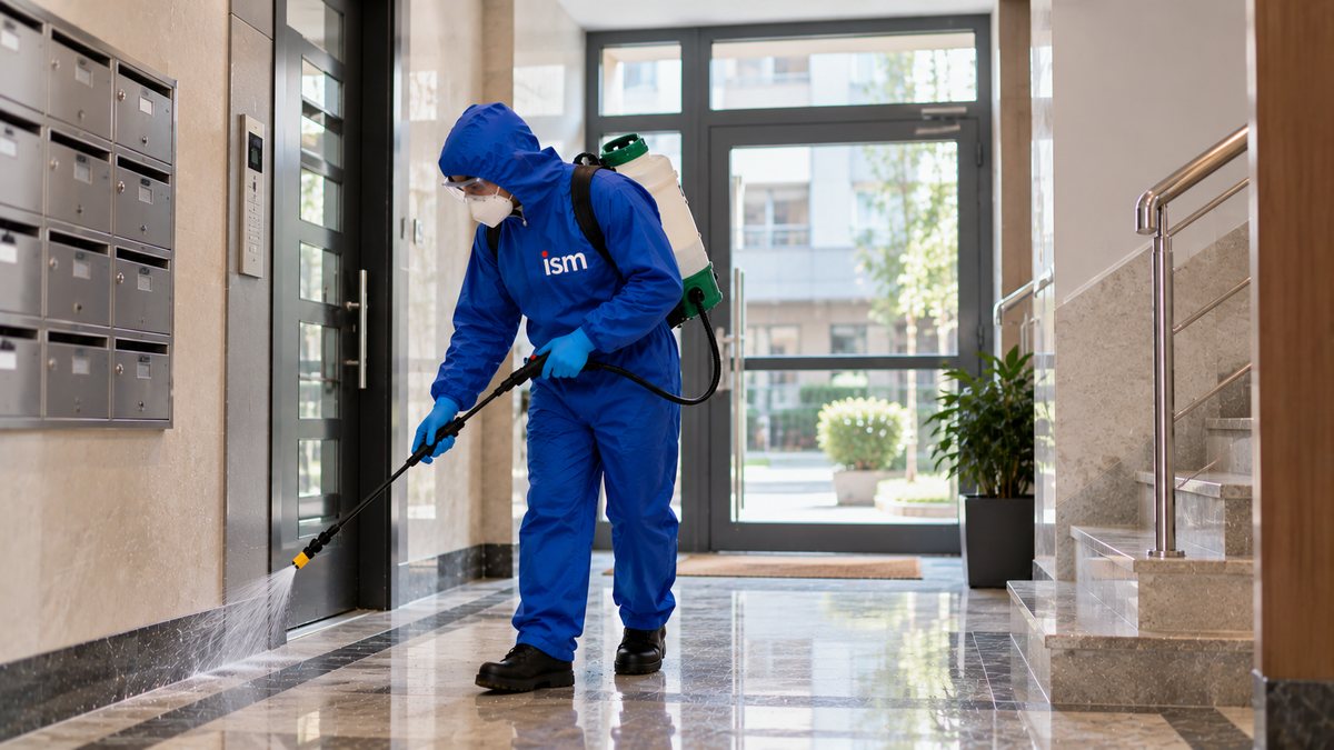 ISM teknisyeni koruyucu tulumla bir apartman girişinde ilaçlama yapıyor