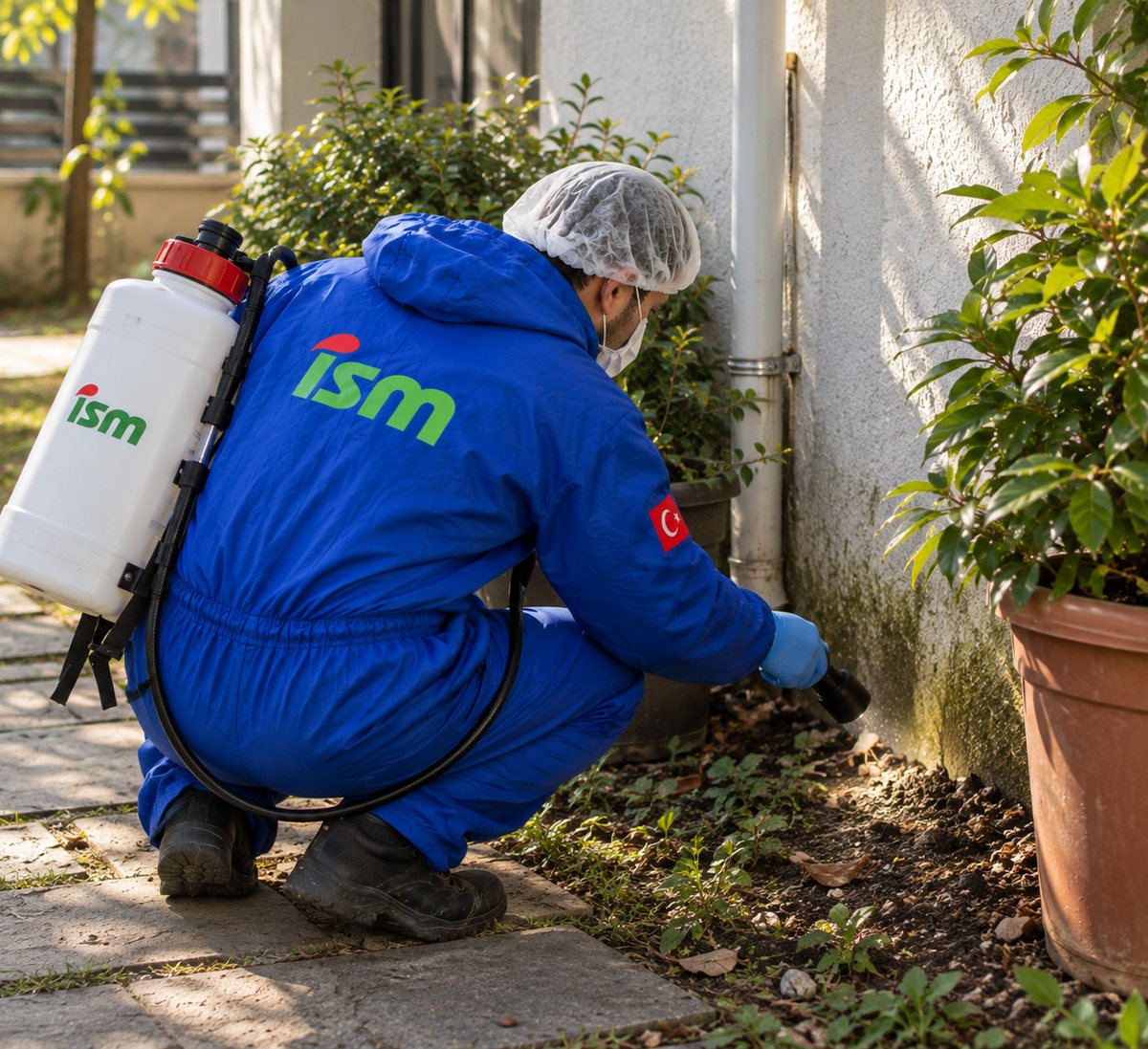 ISM teknisyeni sırt pompasıyla bina dibindeki nemli toprak ve saksı çevresine uygulama yapıyor